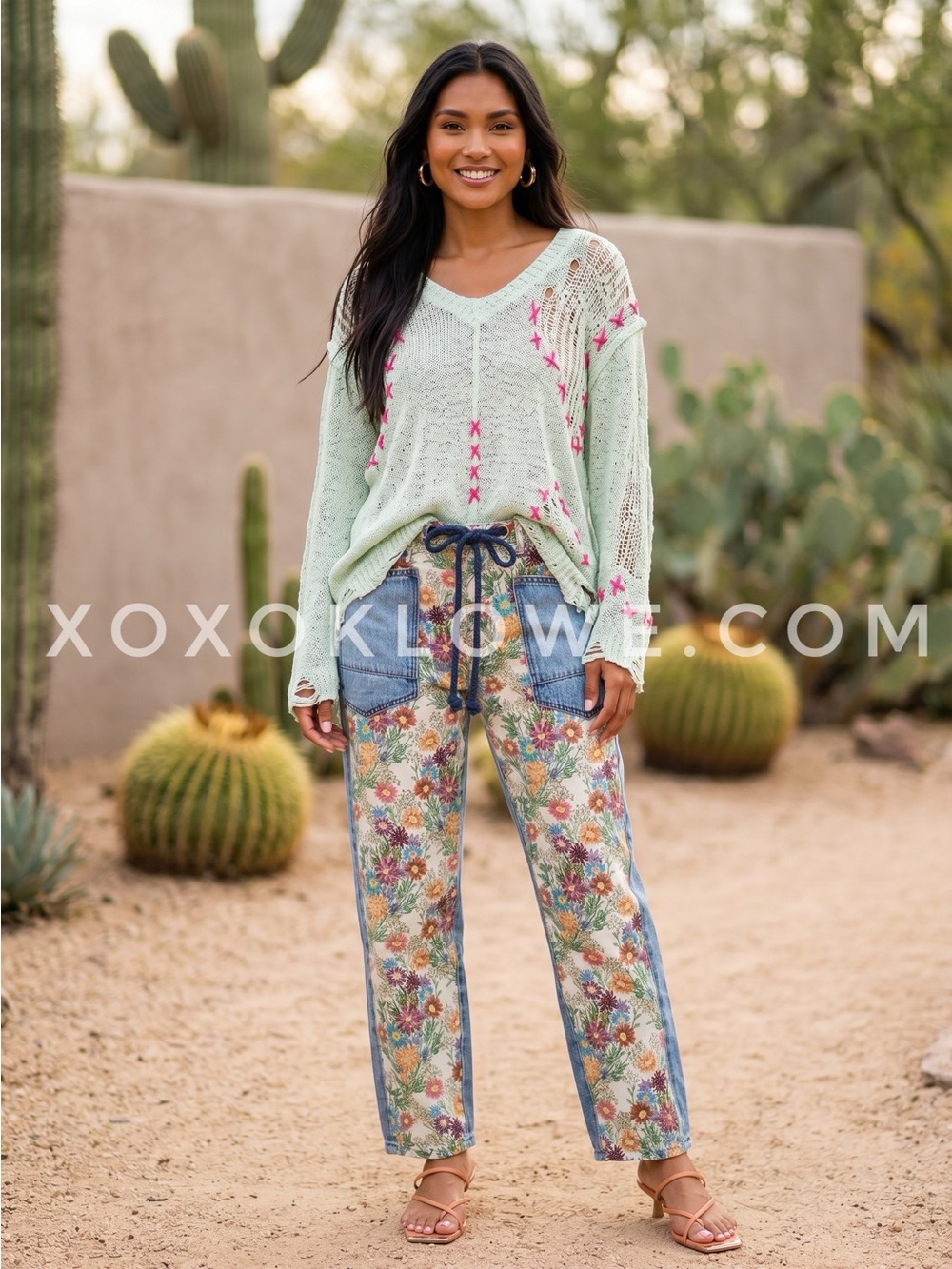 POL Mint Green Open Knit Sweater | Pink Whipstitch Slouchy V Neck Distressed - Picture 8 of 11
